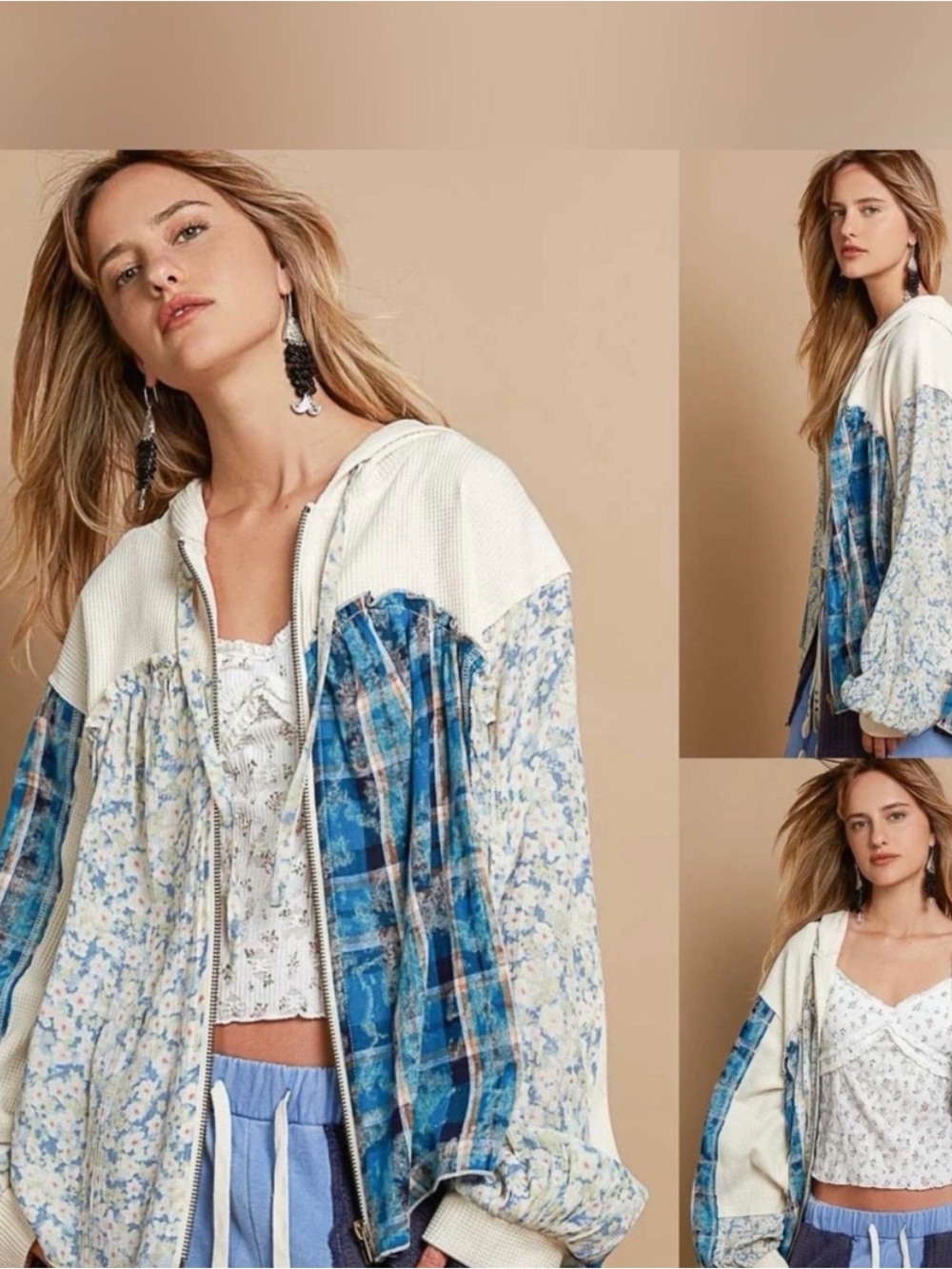 POL Blue Floral Patchwork Zip-Front Hoodie